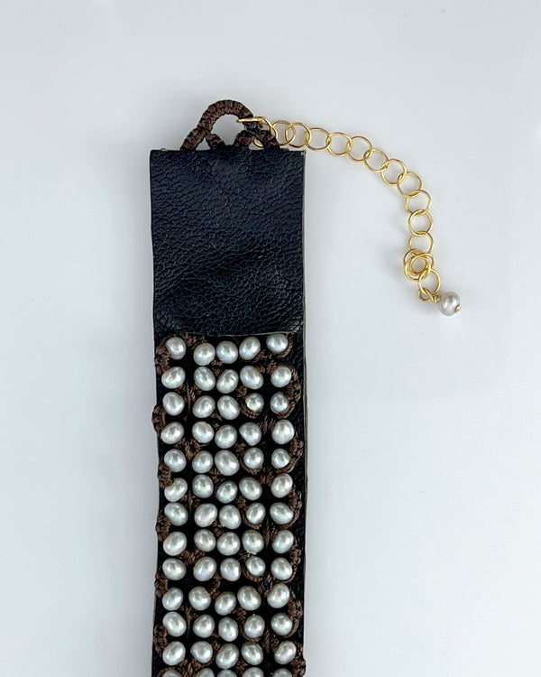 Danielle Welmond Silver Pearls on Brown Leather Bracelet